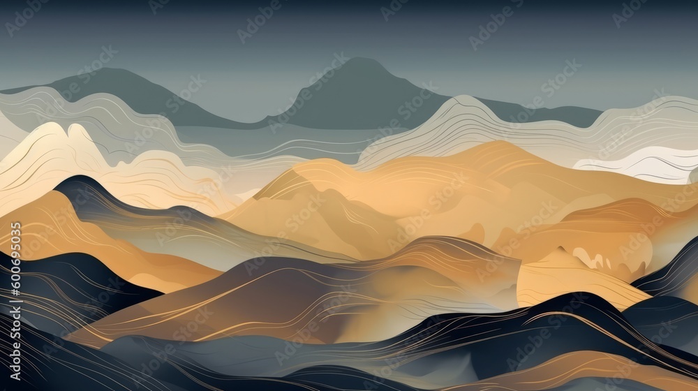 Mountain background. Minimal landscape art with watercolor brush and golden line. Mountain background. Minimal landscape art with watercolor brush and golden line.