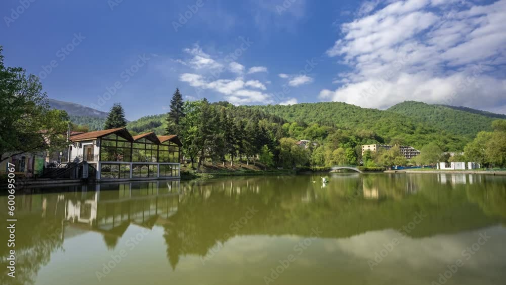 Beautiful view of small lake at Dilijan city park on sunny morning Beautiful view of small lake at Dilijan city park on sunny morning