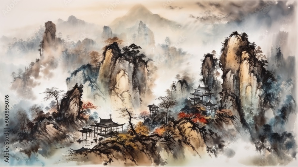 Mountainous setting. Chinese traditional ink drawing. AI generative.