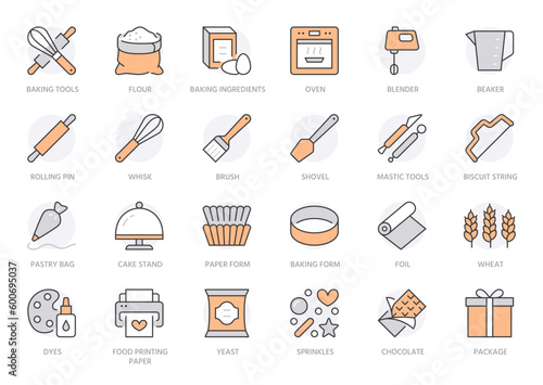 Bakery line icon set. Baking tool - confectionery bag, dough roll, cake decorating, pastry ingredient minimal vector illustration. Simple outline sign of cooking. Orange color. Editable Stroke