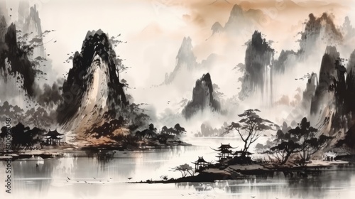 Mountainous setting. Chinese traditional ink drawing. AI generative. © vadymstock