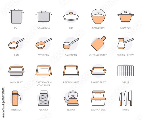Cookware line icon set. Kitchen equipment - cooker pan pot, frying griddle, lid, knife grater minimal vector illustration. Simple outline sign of cooking utensils. Orange color. Editable Stroke