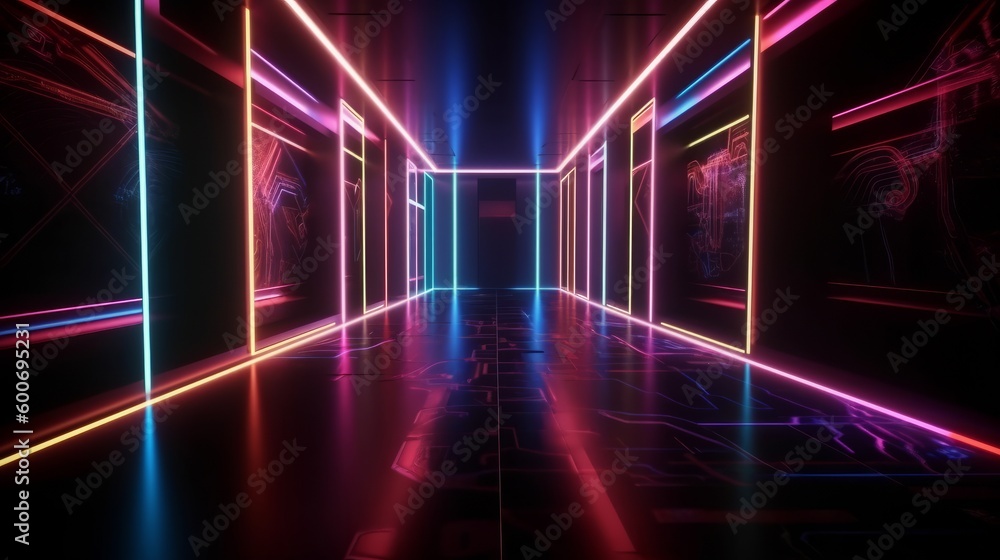 Neon lights a laser display glowing lines an abstract background. AI generative. Neon lights a laser display glowing lines an abstract background. AI generative.