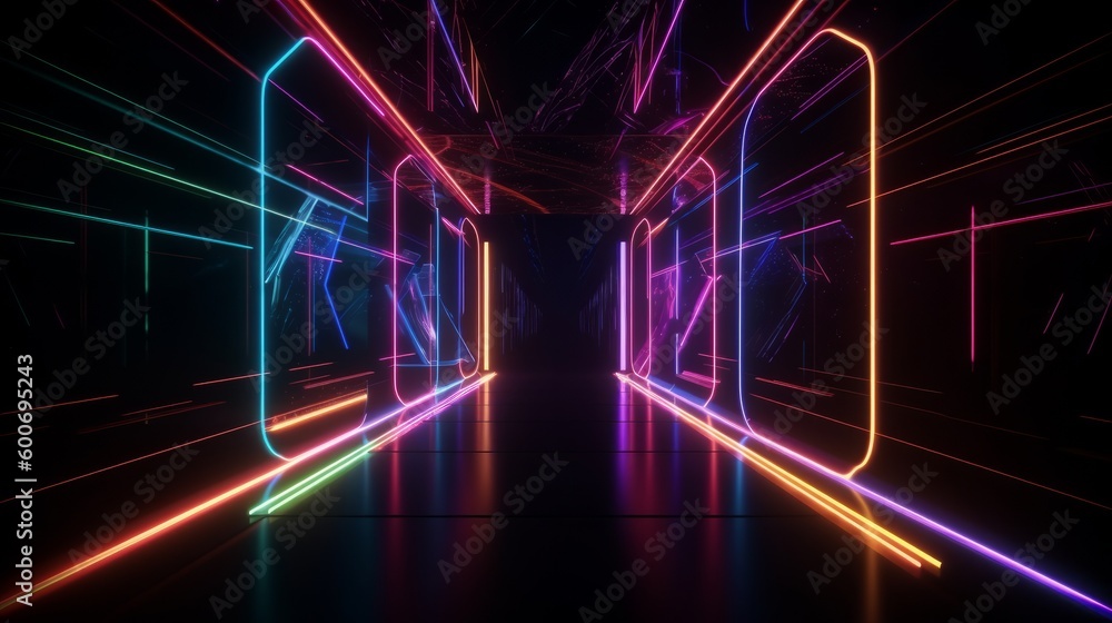 Neon lights a laser display glowing lines an abstract background. AI generative. Neon lights a laser display glowing lines an abstract background. AI generative.