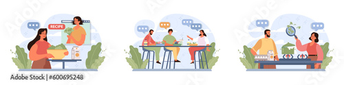 People cooking and eating healthy food set. Family following diet recipes
