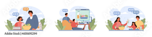 People cooking and eating healthy food set. Family following diet recipes