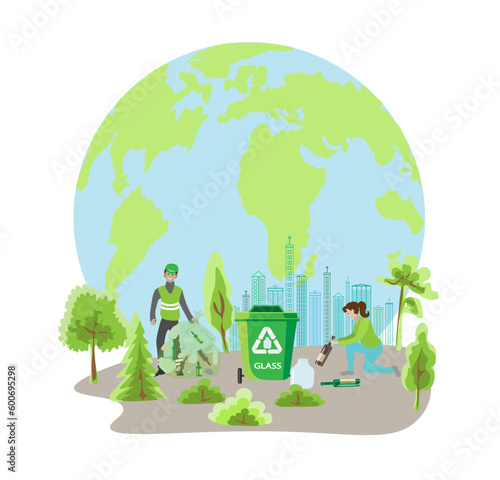 People sort garbage by type into containers for recycling. Ecology concept. Flat vector illustration. Care garbage separation people sorting garbage, eco containers, separate waste for taking care .