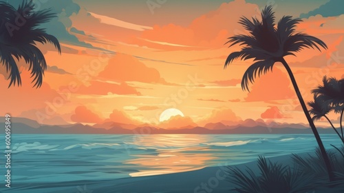 Palms spanning the sea at sunset. Blue background with sun. AI generative.