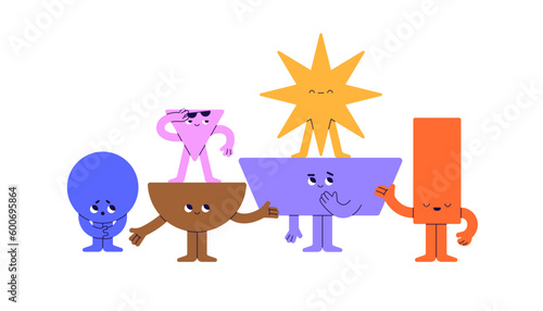 Geometric shapes team with star leader. Geometry figures, kids characters wit...
