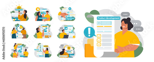 Product development set. New brand or start up launch stages