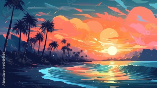 Palms spanning the sea at sunset. Blue background with sun. AI generative.