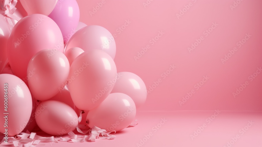 Pink backdrop with pink balloons with blank space. AI generative. Pink backdrop with pink balloons with blank space. AI generative.