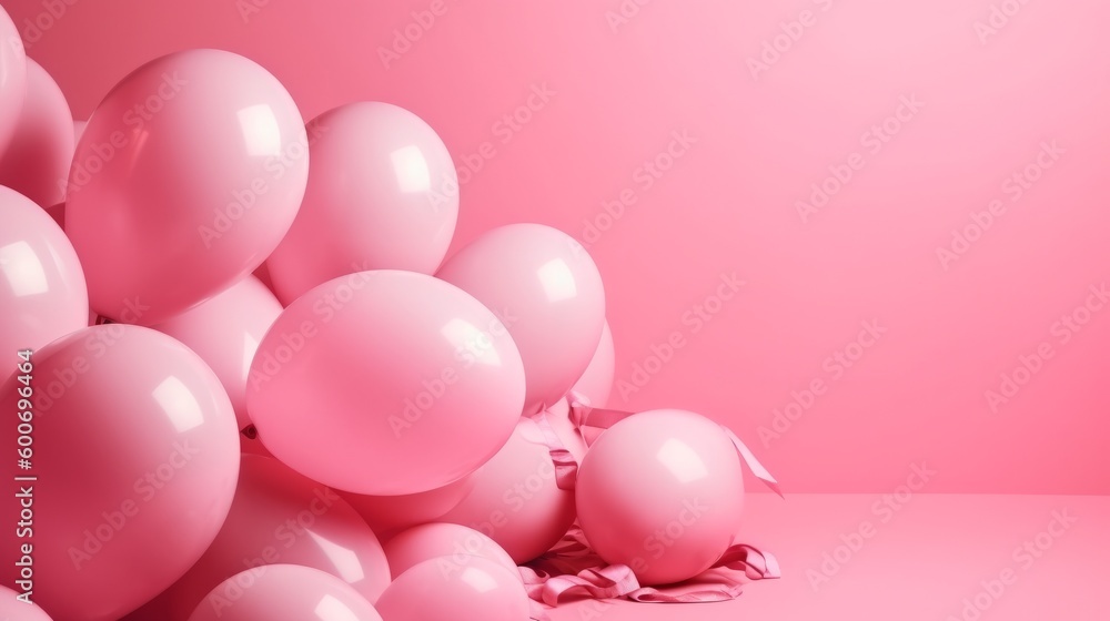 Pink backdrop with pink balloons with blank space. AI generative.