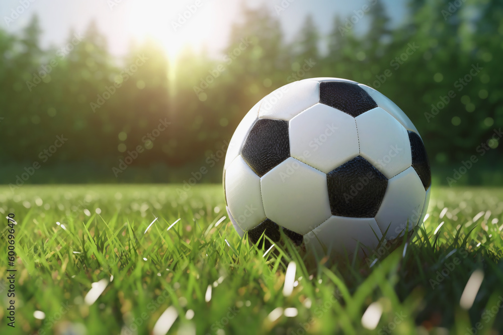 Fototapeta premium Classic soccer ball lies on the green grass in the sun. Soccer game, sports equipment, outdoor sports. Generated by AI