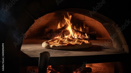 Pizza in a traditional pizza oven. Cooking pizza. AI generative.