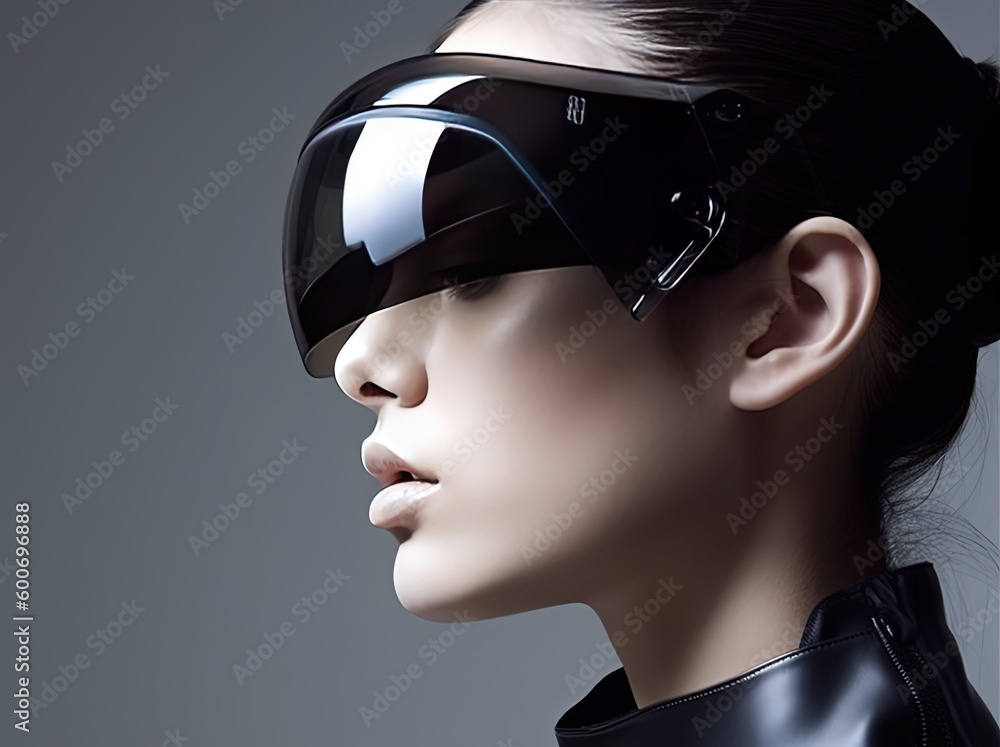 woman fashion portrait in style of futuristic and technology theme concept, a woman wearing high technology glasses or Vr headset, Generative Ai