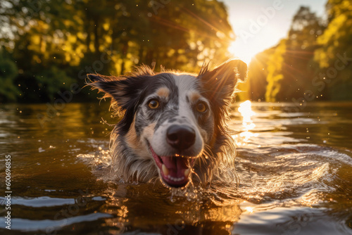 border collie dog in a water, lake. Ai generative