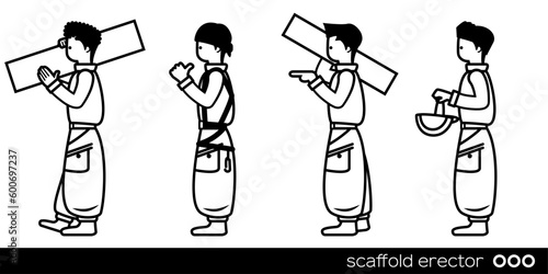 土木や建築の作業者。足場を運ぶ鳶職人。横向き人物の手書き線画イラストセット。