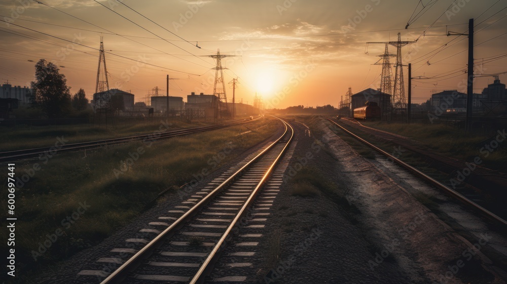 Railway and sunset. AI generative.