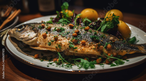 Fish on a plate with salad and lemon