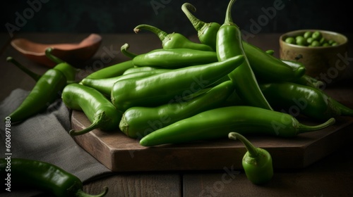 Raw green organic Serrano peppers. Green chili peppers. AI generative.