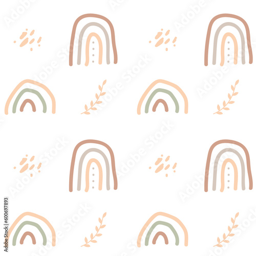 Vector Seamless Pattern with Rainbows in Boho Style. Vector Illustration. Childrish Background for Nursery, Posters, Clothing. 
