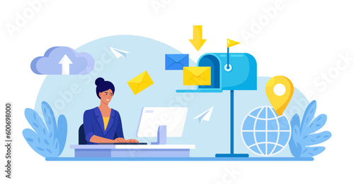 Customer Service Agent Talking with Client. Contact Us. Mail Service, Correspondence Delivery. People Receiving, Sending Letters. New Incoming SMS, E-mail Message. Retro Mailbox with Envelopes