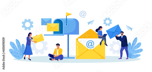 Mail Service, Correspondence Delivery. People Receiving, Sending Letters, Sorting Document. New Incoming SMS, E-mail Message. Retro Mailbox with Envelopes. E-mail Marketing. Manager Sending Newsletter