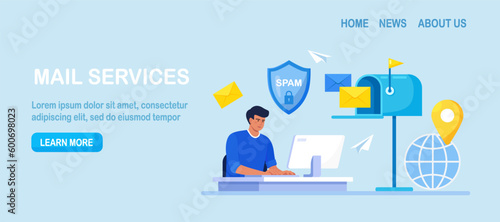 Customer Service Agent Talking with Client. Contact Us. Mail Service and Correspondence Delivery. People Receiving, Sending Letters. New Incoming Sms, E-mail Message. Spam in Social Network