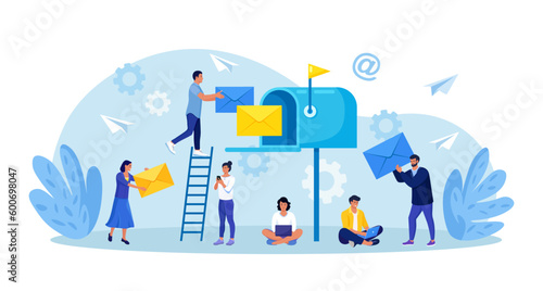 Mail service and correspondence delivery. People receiving, sending letters, sorting documents. New incoming sms, e-mail message. Retro mailbox with envelopes. Spam in social network chat