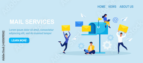 Mail service and correspondence delivery. People receiving, sending letters, sorting documents. New incoming sms, e-mail message. Retro mailbox with envelopes. Spam in social network chat
