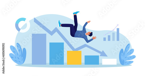 Bankruptcy, inflation. Global financial crisis, business failure. Man losing profits, falling with arrow down. Businessman upset about unpaid loan debt, recession, economy problems