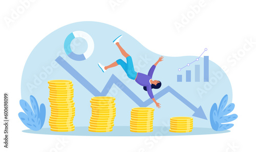 Bankruptcy, inflation. Global financial crisis, business failure. Woman losing profits, falling with arrow down. Business person upset about unpaid loan debt, recession, economy problems