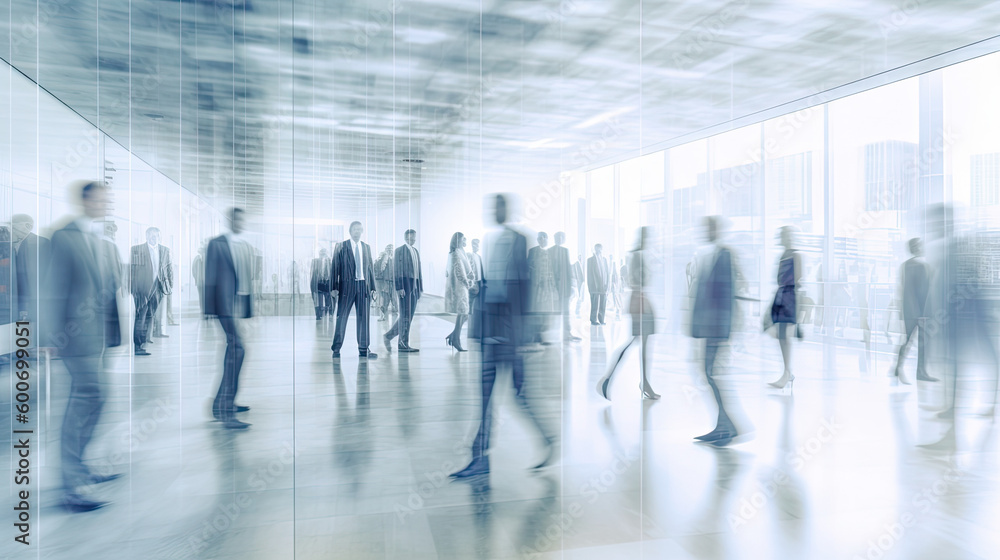 Blurred view through glass of a modern office with people at work. Generative AI Blurred view through glass of a modern office with people at work. Generative AI