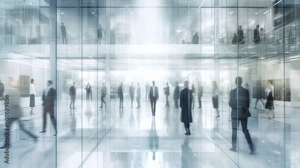 Blurred view through glass of a modern office with people at work. Generative AI