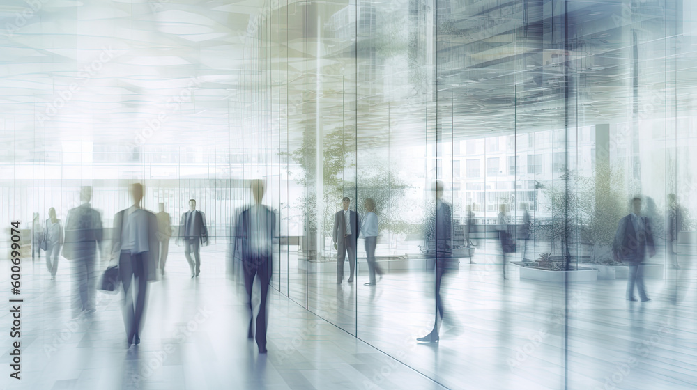 Blurred view through glass of a modern office with people at work. Generative AI Blurred view through glass of a modern office with people at work. Generative AI