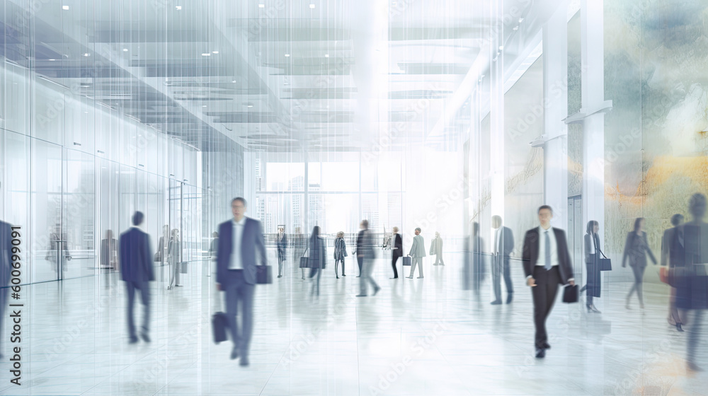 Blurred view through glass of a modern office with people at work. Generative AI Blurred view through glass of a modern office with people at work. Generative AI