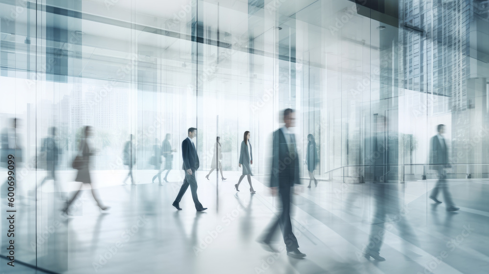 Blurred view through glass of a modern office with people at work. Generative AI