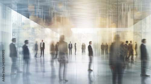 Blurred view through glass of a modern office with people at work. Generative AI