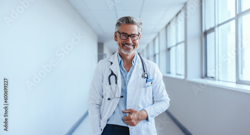 Portrait of a mature medical doctor standing in a hospital with a lab coat and a stethoscope