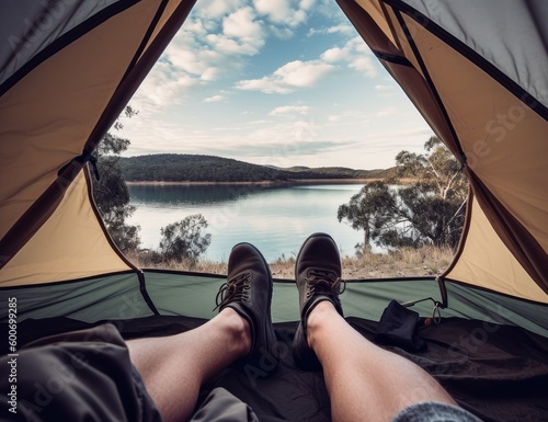 Shoes, camping and tent with a couple by a lake out in nature while hiking for adventure or travel together created with Generative AI technology