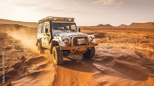 A rugged four-wheel-drive vehicle powers through challenging terrain, carrying humanitarian aid and supplies to those in crisis. AI-Generated © Ryan Carter Images