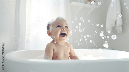 Fotografering a baby happy bath time, a child laughing in bath tub, Generative Ai