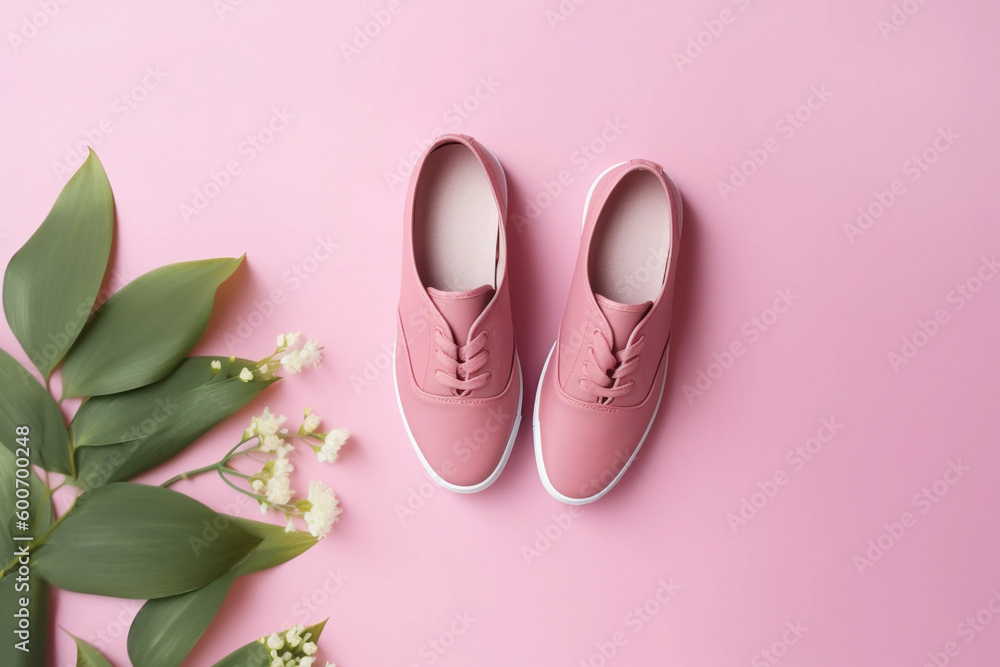 Pink shoes on a pink background with flowers Generative AI