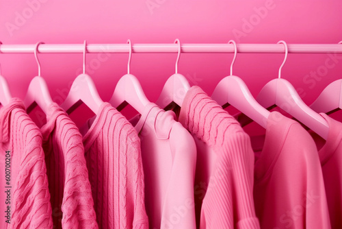 Pink clothes hang on a rack with one of them pink Generative AI