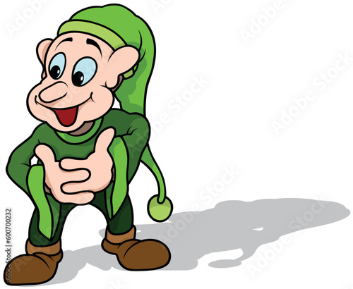 Forest Dwarf in Green Clothes with Long Cap and Smiling Face