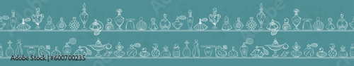 Seamless horizontal pattern with  doodle perfume bottles on blue background. Can be used for wallpaper, pattern fills, textile, web page background, surface textures.