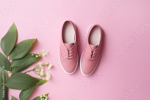 Pink shoes on a pink background with flowers Generative AI