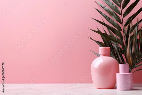 Pink bottle with a plant on the side AI generation