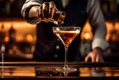 A bartender pouring a cocktail into a glass Tini Espresso Martini AI generation